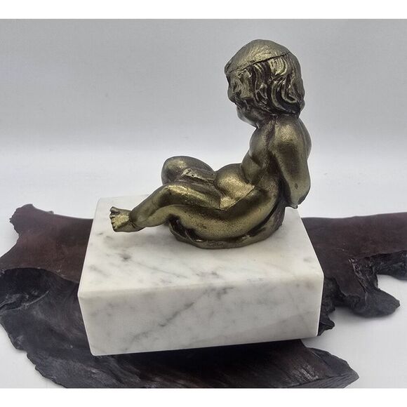 Brass Cherub Bookend Paperweight  Figurine on Marble Bases Regency - Picture 5 of 16